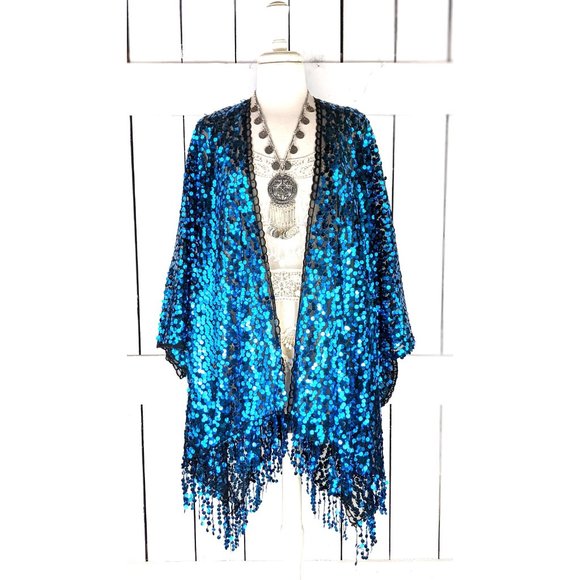 Blue black sequin kimono fringe duster cardigan fringe jacket - Picture 4 of 5